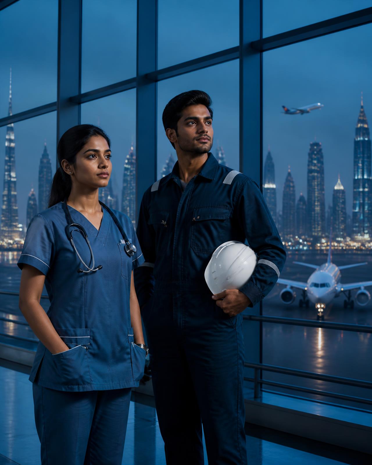 Indian nurse and site engineer at an international airport terminal with a Gulf skyline